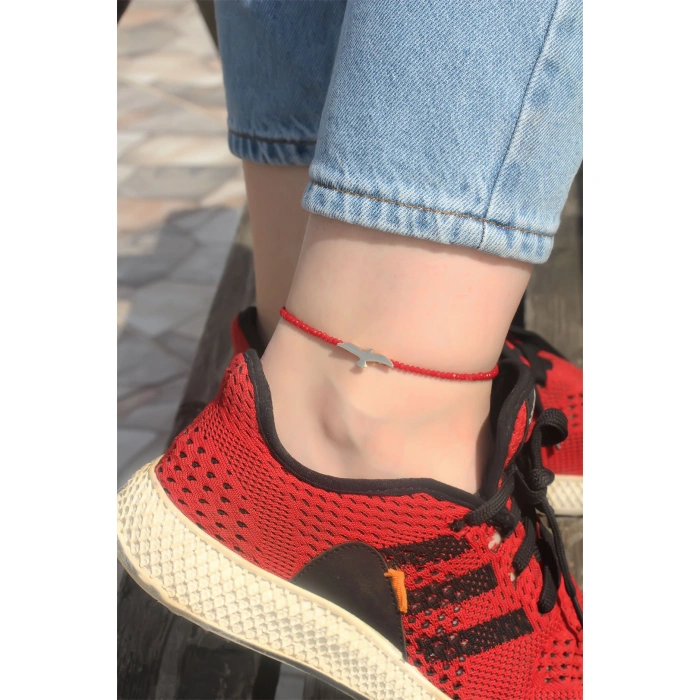 Kuş Detaylı Kırmızı Boncuklu Halhal - Lisinya