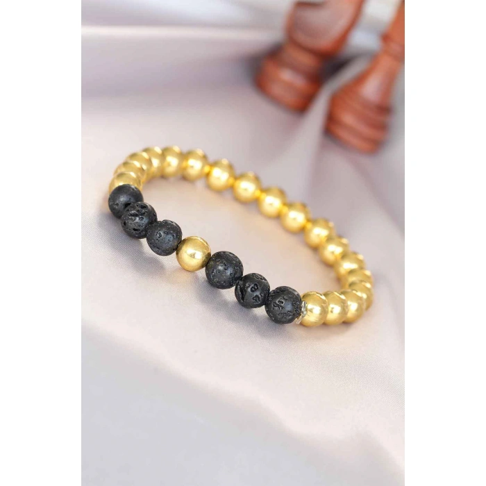 Lav Doğal Taş Detaylı Hematit Gold Renk Erkek Bileklik - Lisinya