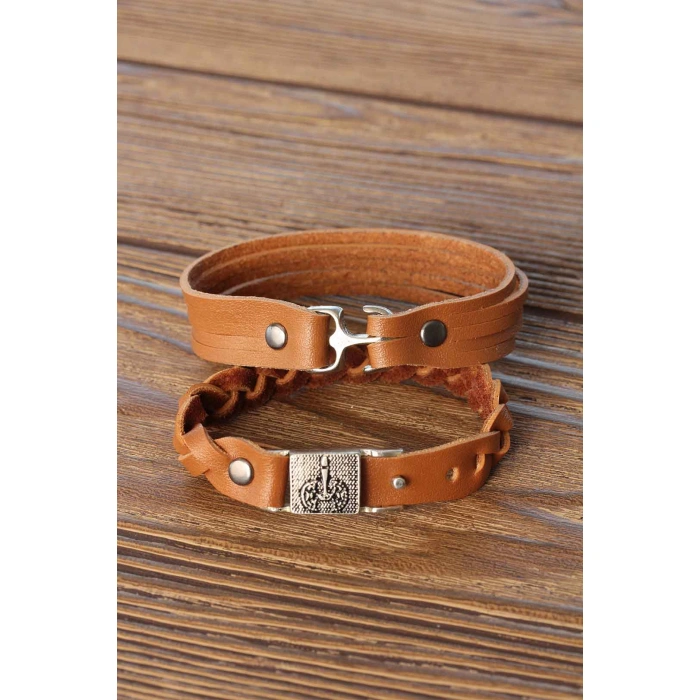 Metal Aksesuarlı Kahverengi Deri Erkek Bileklik Kombin - Lisinya