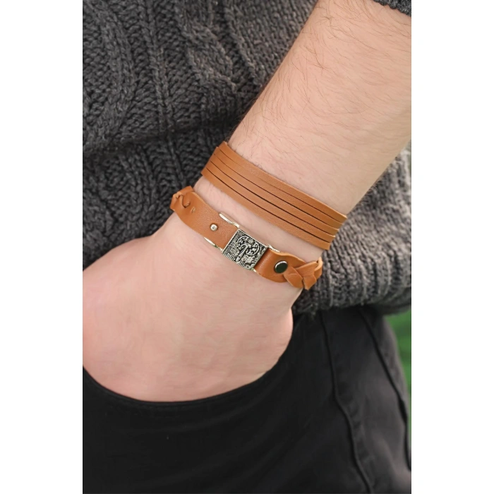 Metal Aksesuarlı Kahverengi Deri Erkek Bileklik Kombin - Lisinya