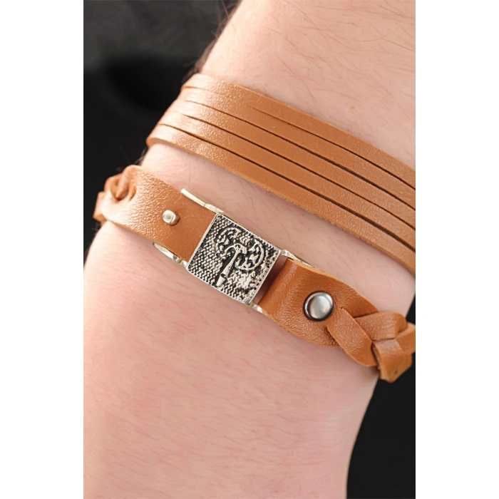 Metal Aksesuarlı Kahverengi Deri Erkek Bileklik Kombin - Lisinya