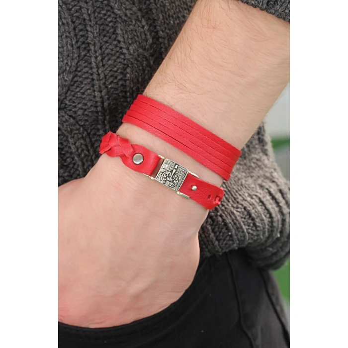 Metal Aksesuarlı Kırmızı Renk Deri Erkek Bileklik Kombin - Lisinya