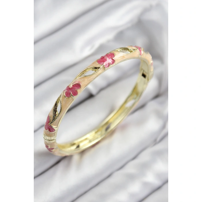 Mineli Pirinç Çiçek Motifli Gold Renk Kadın Kelepçe - Lisinya