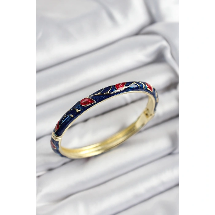 Mineli Pirinç Kırmızı ve Lacivert Yaprak Motifli Gold Renk Kadın Kelepçe - Lisinya