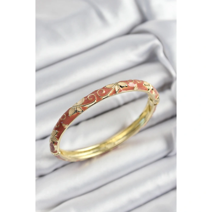 Mineli Pirinç Krem Çiçek Motifli Gold Renk Kadın Kelepçe - Lisinya