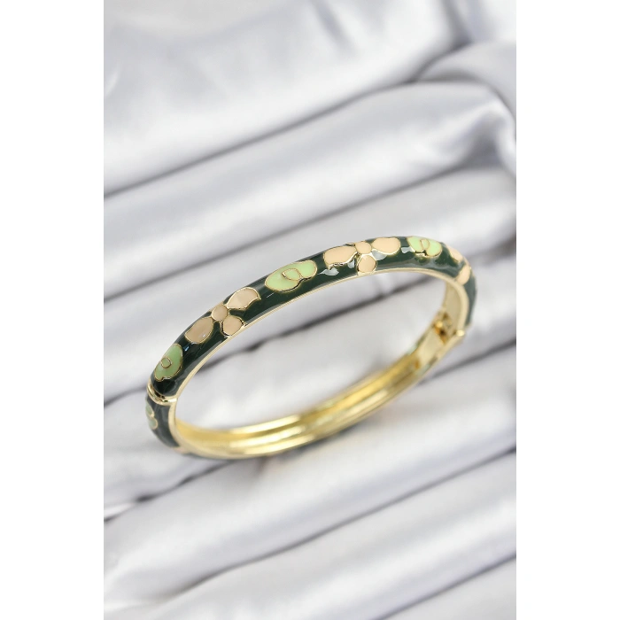 Mineli Pirinç Krem Ve Yeşil Çiçek Motifli Gold Renk Kadın Kelepçe - Lisinya