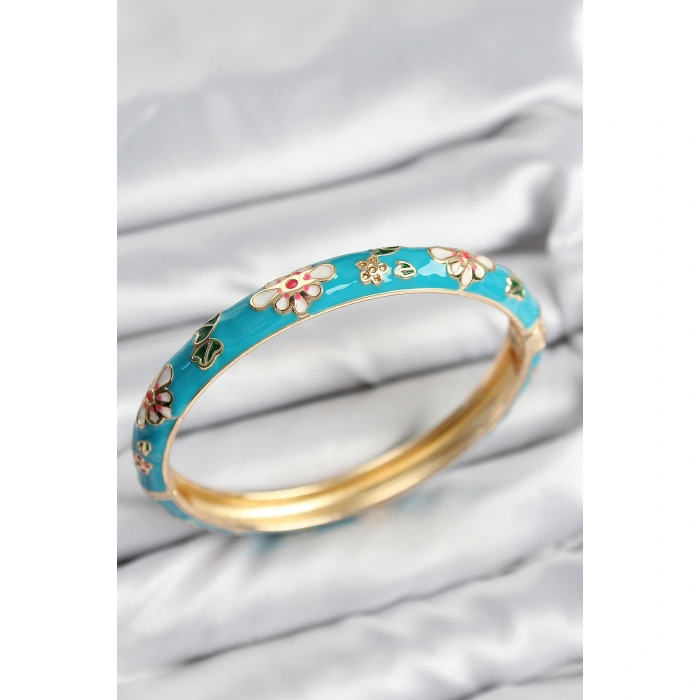 Mineli Pirinç Mavi Çiçek Motifli Gold Kadın Kelepçe - Lisinya