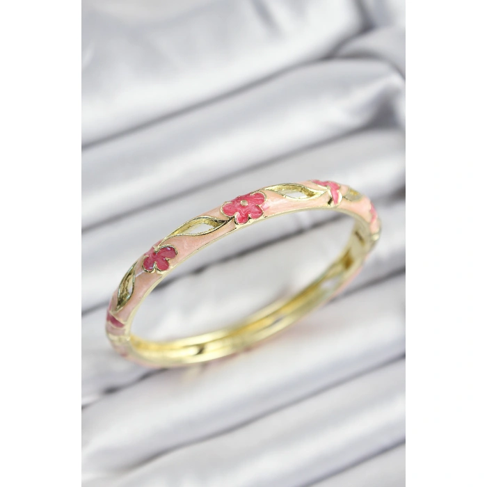 Mineli Pirinç Pembe Çiçek Motifli Gold Renk Kadın Kelepçe - Lisinya