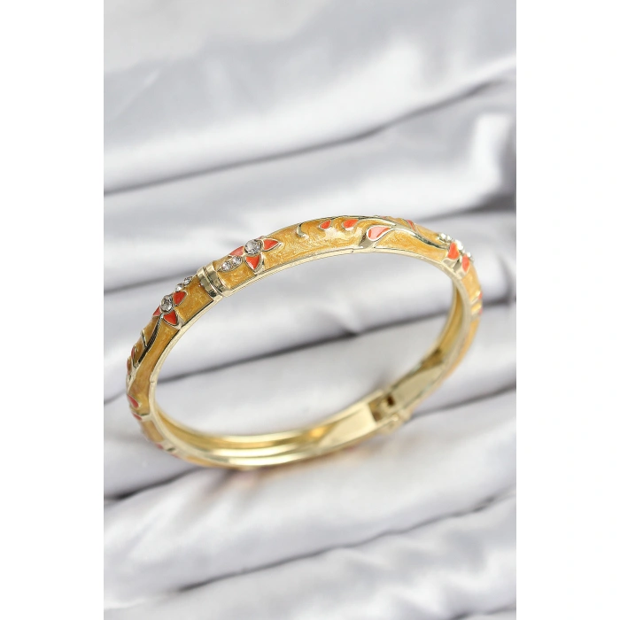 Mineli Pirinç Zirkon Taşlı Hardal Çiçek Motifli Gold Kadın Kelepçe - Lisinya