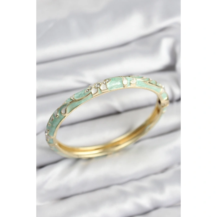 Mineli Pirinç Zirkon Taşlı Su Yeşili Çiçek Motifli Gold Kadın Kelepçe - Lisinya