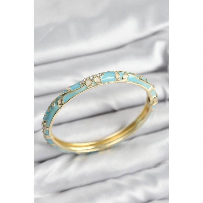 Mineli Pirinç Zirkon Taşlı Turkuaz Çiçek Motifli Gold Kadın Kelepçe - Lisinya