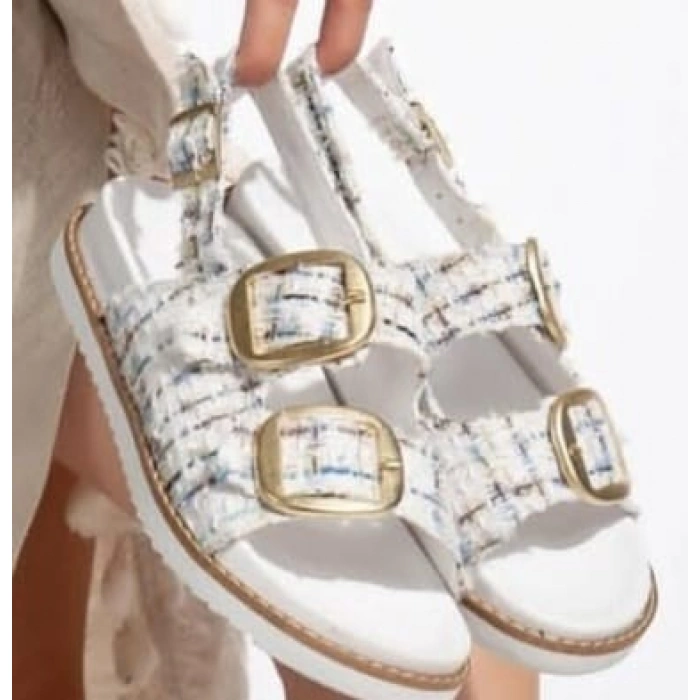 Olira Beyaz Simli Kemerli Sandalet - Lisinya