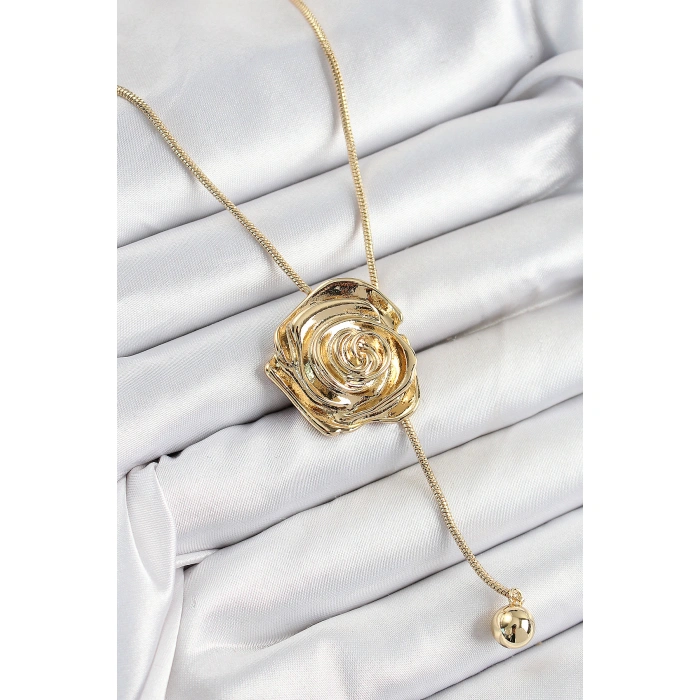 Pirinç Asansörlü Gül Model Gold Renk Kadın Kolye - Lisinya