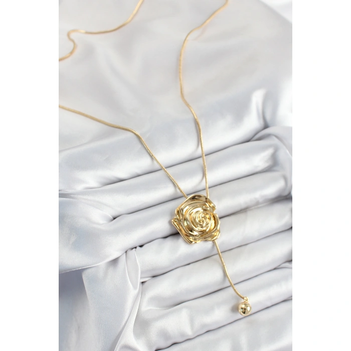 Pirinç Asansörlü Gül Model Gold Renk Kadın Kolye - Lisinya