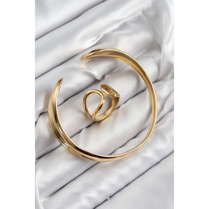Pirinç Ayrık Model Gold Renk Bileklik Yüzük Set - Lisinya