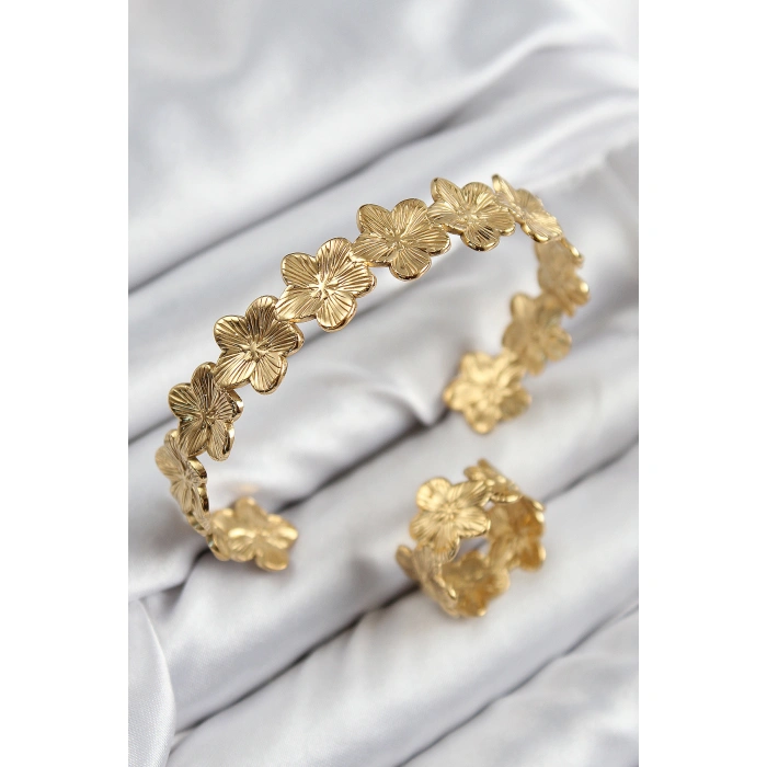 Pirinç Çiçek Model Gold Renk Bileklik Yüzük Set - Lisinya