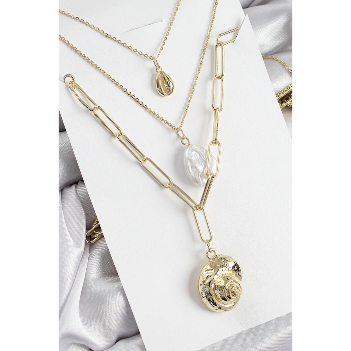 Pirinç Çoklu Zincirli İncili Deniz Kabuğu Model Gold Renk Kadın Kolye - Lisinya