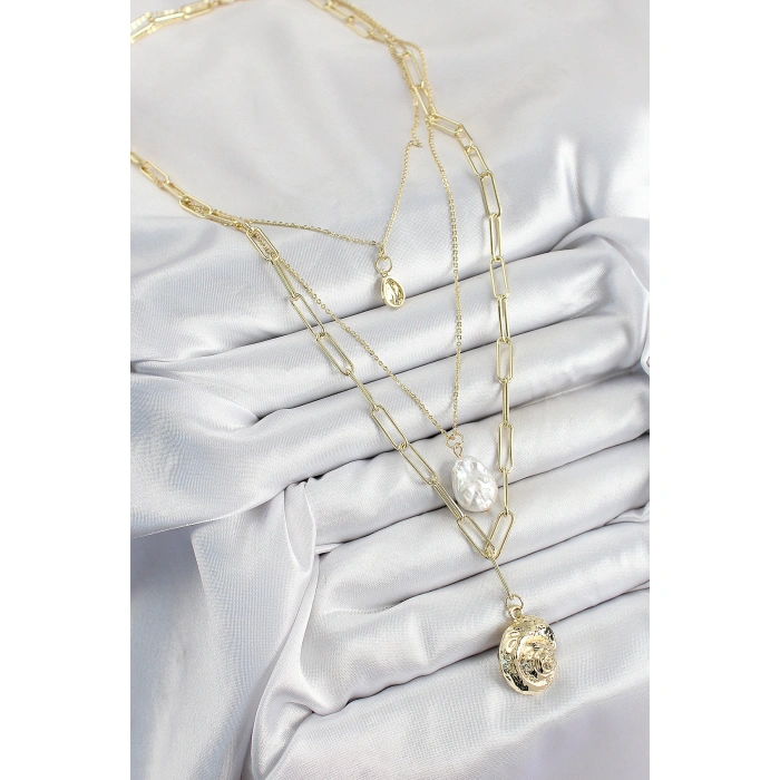 Pirinç Çoklu Zincirli İncili Deniz Kabuğu Model Gold Renk Kadın Kolye - Lisinya