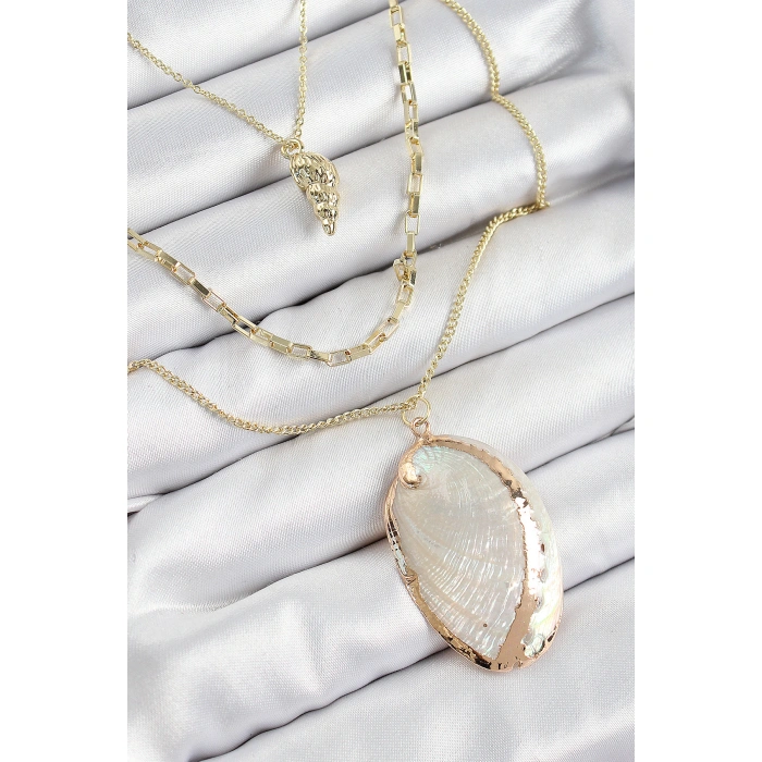 Pirinç Çoklu Zincirli İstiridye Model Gold Renk Kadın Kolye - Lisinya