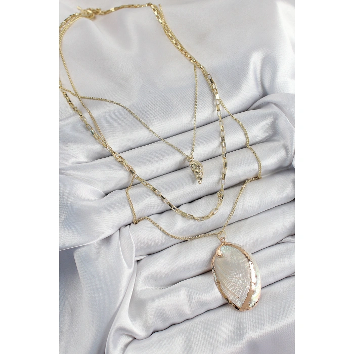Pirinç Çoklu Zincirli İstiridye Model Gold Renk Kadın Kolye - Lisinya