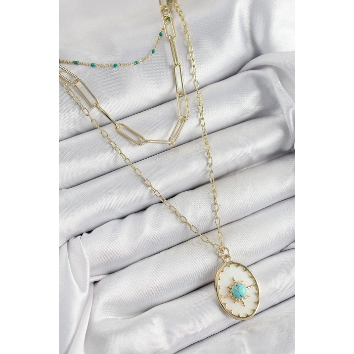 Pirinç Çoklu Zincirli Mavi Boncuklu Pusula Model Gold Renk Kadın Kolye - Lisinya