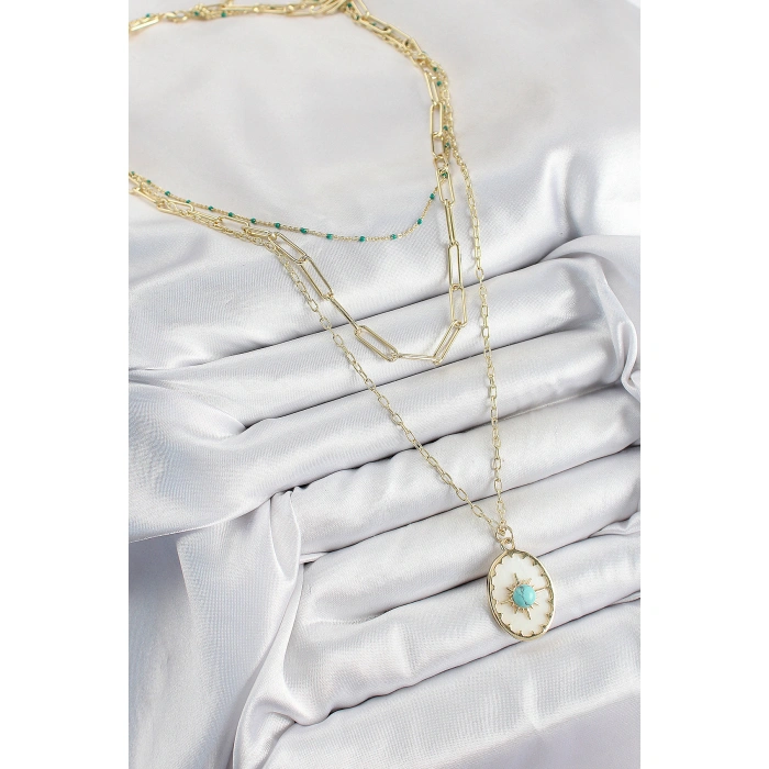 Pirinç Çoklu Zincirli Mavi Boncuklu Pusula Model Gold Renk Kadın Kolye - Lisinya