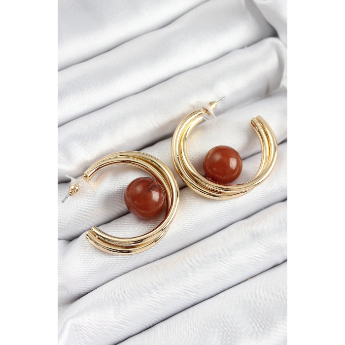 Pirinç Gold Renk Halka Model Kahverengi Boncuk Detay Kadın Küpe - Lisinya