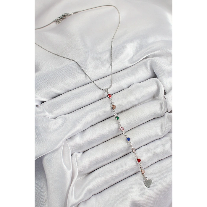 Pirinç Gümüş Renk Karışık Renk Zirkon Taşlı Kalpli Y Kadın Kolye - Lisinya