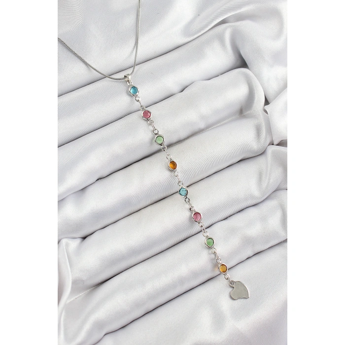 Pirinç Gümüş Renk Karışık Renk Zirkon Taşlı Y Kadın Kolye - Lisinya