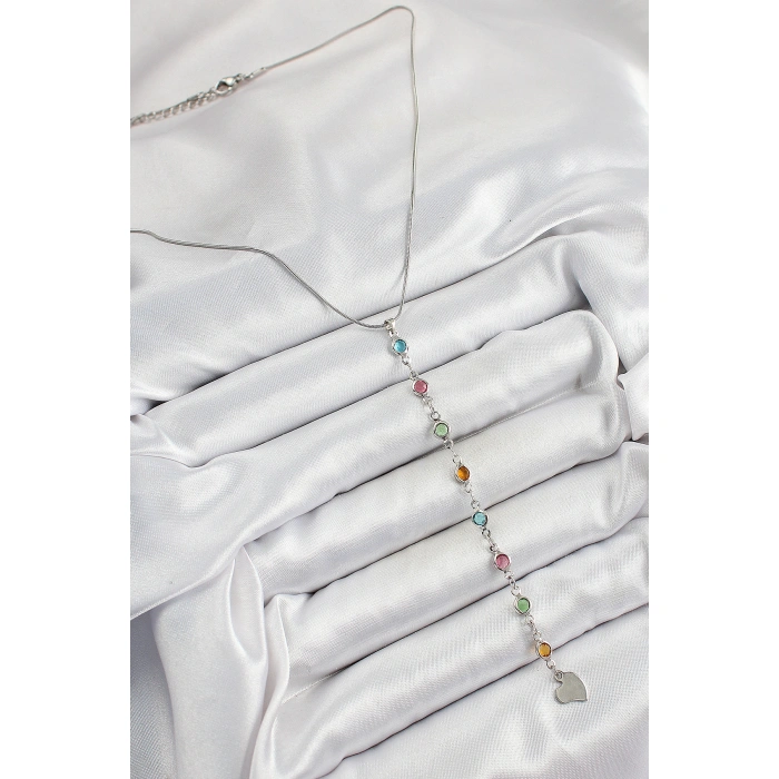 Pirinç Gümüş Renk Karışık Renk Zirkon Taşlı Y Kadın Kolye - Lisinya