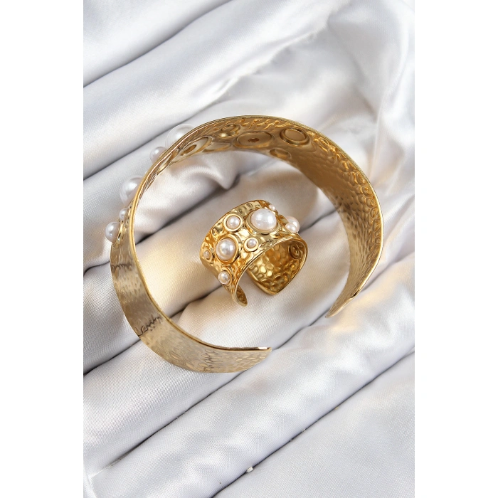 Pirinç İncili Model Gold Renk Bileklik Yüzük Set - Lisinya