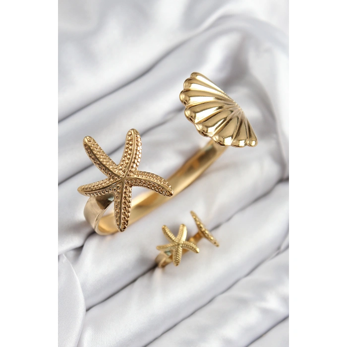 Pirinç İstiridye Ve Deniz Yıldızı Model Gold Renk Bileklik Yüzük Set - Lisinya
