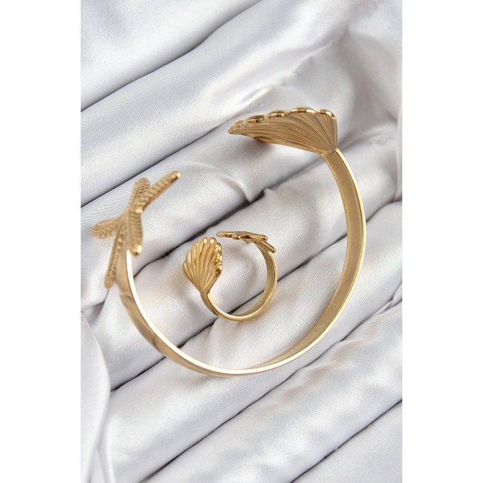 Pirinç İstiridye Ve Deniz Yıldızı Model Gold Renk Bileklik Yüzük Set - Lisinya