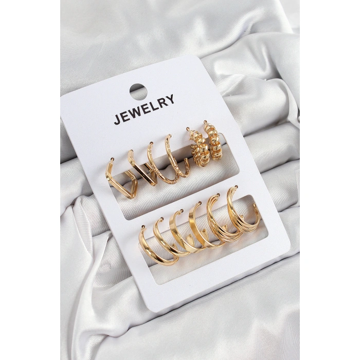 Pirinç Karışık Halka Model Gold Renk 6 Çift Kadın Küpe Set - Lisinya