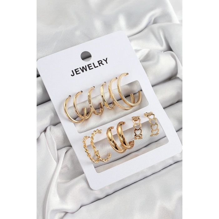 Pirinç Karışık Halka Model Gold Renk 6 Çift Kadın Küpe Set - Lisinya