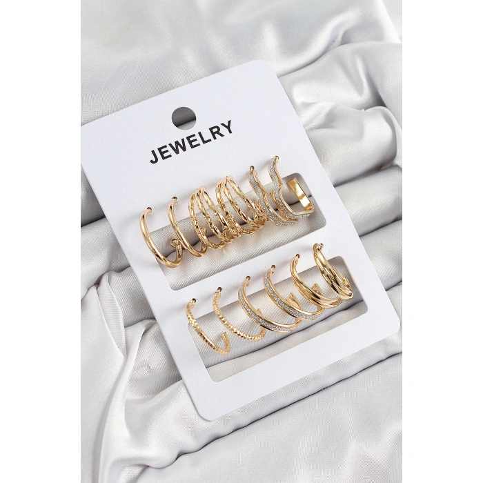 Pirinç Karışık Halka Model Gold Renk 6 Çift Kadın Küpe Set - Lisinya