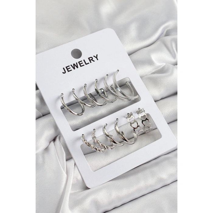 Pirinç Karışık Halka Model Gümüş Renk 6 Çift Kadın Küpe Set - Lisinya