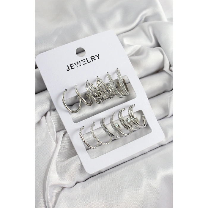 Pirinç Karışık Halka Model Gümüş Renk 6 Çift Kadın Küpe Set - Lisinya
