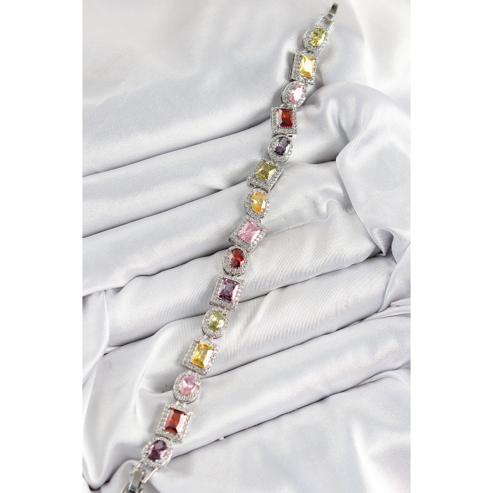 Pirinç Karışık Zirkon Taşlı Baget Model Gümüş Renk VIP Seri Kadın Bileklik - Lisinya