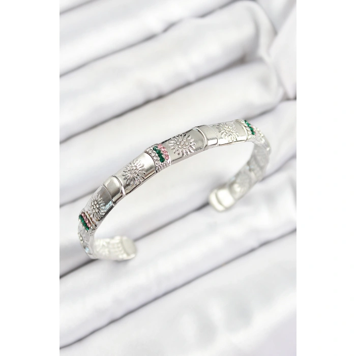 Pirinç Karışık Zirkon Taşlı Çiçek Model Gümüş Renk Altı Açık Kadın Bileklik - Lisinya