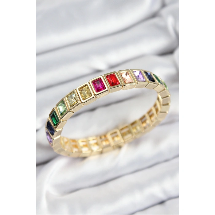 Pirinç Karışık Zirkon Taşlı Dikdörtgen Model Gold Renk Lastikli Kadın Bileklik - Lisinya