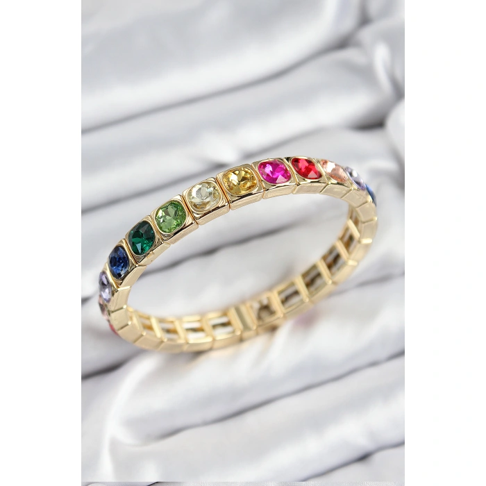 Pirinç Karışık Zirkon Taşlı Kare Model Gold Renk Lastikli Kadın Bileklik - Lisinya