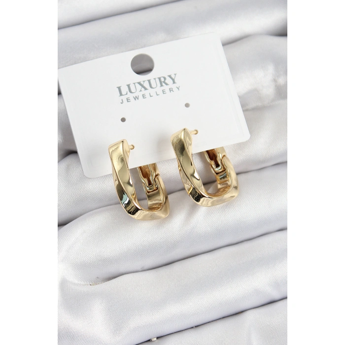 Pirinç Kıvrımlı Dikdörtgen Model Gold Renk Kadın Küpe - Lisinya