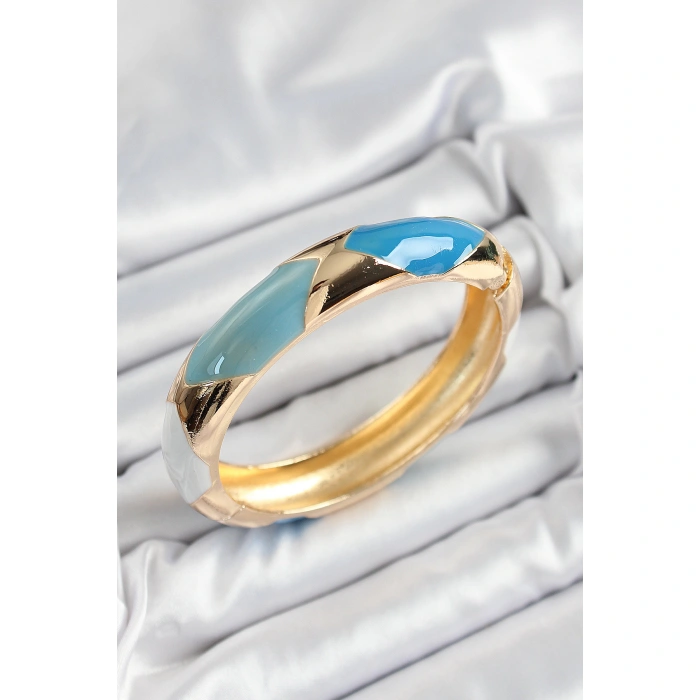 Pirinç Mavi Beyaz Mineli Baklava Model Gold Renk Kadın Kelepçe - Lisinya