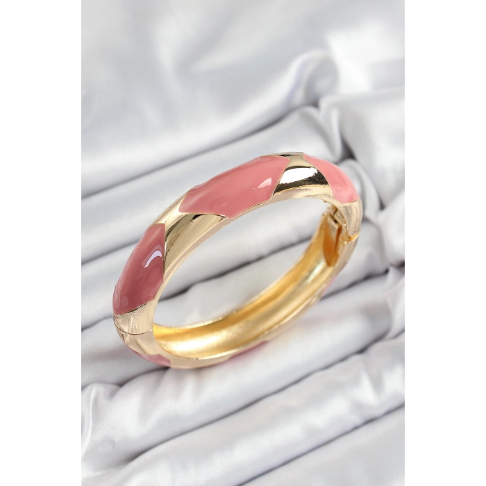 Pirinç Pembe Mineli Baklava Model Gold Renk Kadın Kelepçe - Lisinya