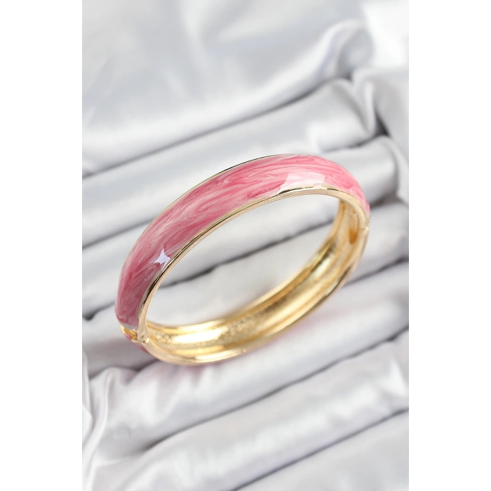 Pirinç Pembe Mineli Mermer Desen Model Gold Renk Kadın Kelepçe - Lisinya