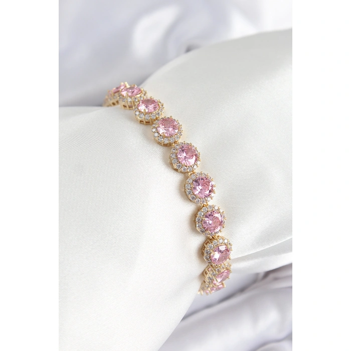 Pirinç Pembe Zirkon Taşlı Daire Baget Model Gold Renk VIP Seri Kadın Bileklik - Lisinya