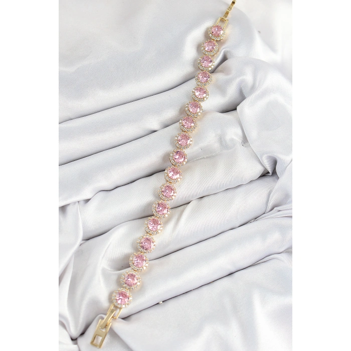 Pirinç Pembe Zirkon Taşlı Daire Baget Model Gold Renk VIP Seri Kadın Bileklik - Lisinya