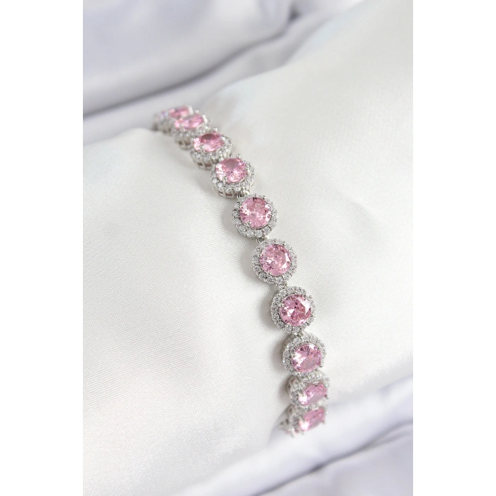 Pirinç Pembe Zirkon Taşlı Daire Baget Model Gümüş Renk VIP Seri Kadın Bileklik - Lisinya