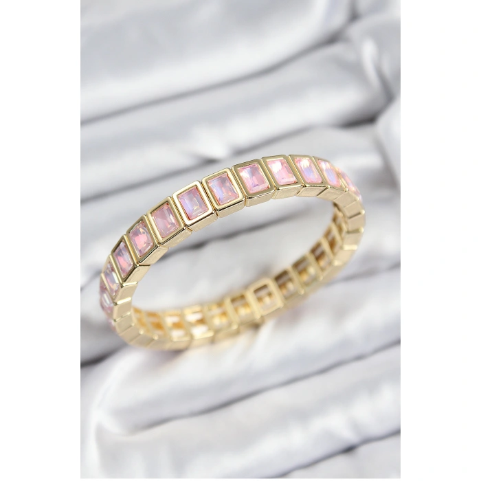 Pirinç Pembe Zirkon Taşlı Dikdörtgen Model Gold Renk Lastikli Kadın Bileklik - Lisinya